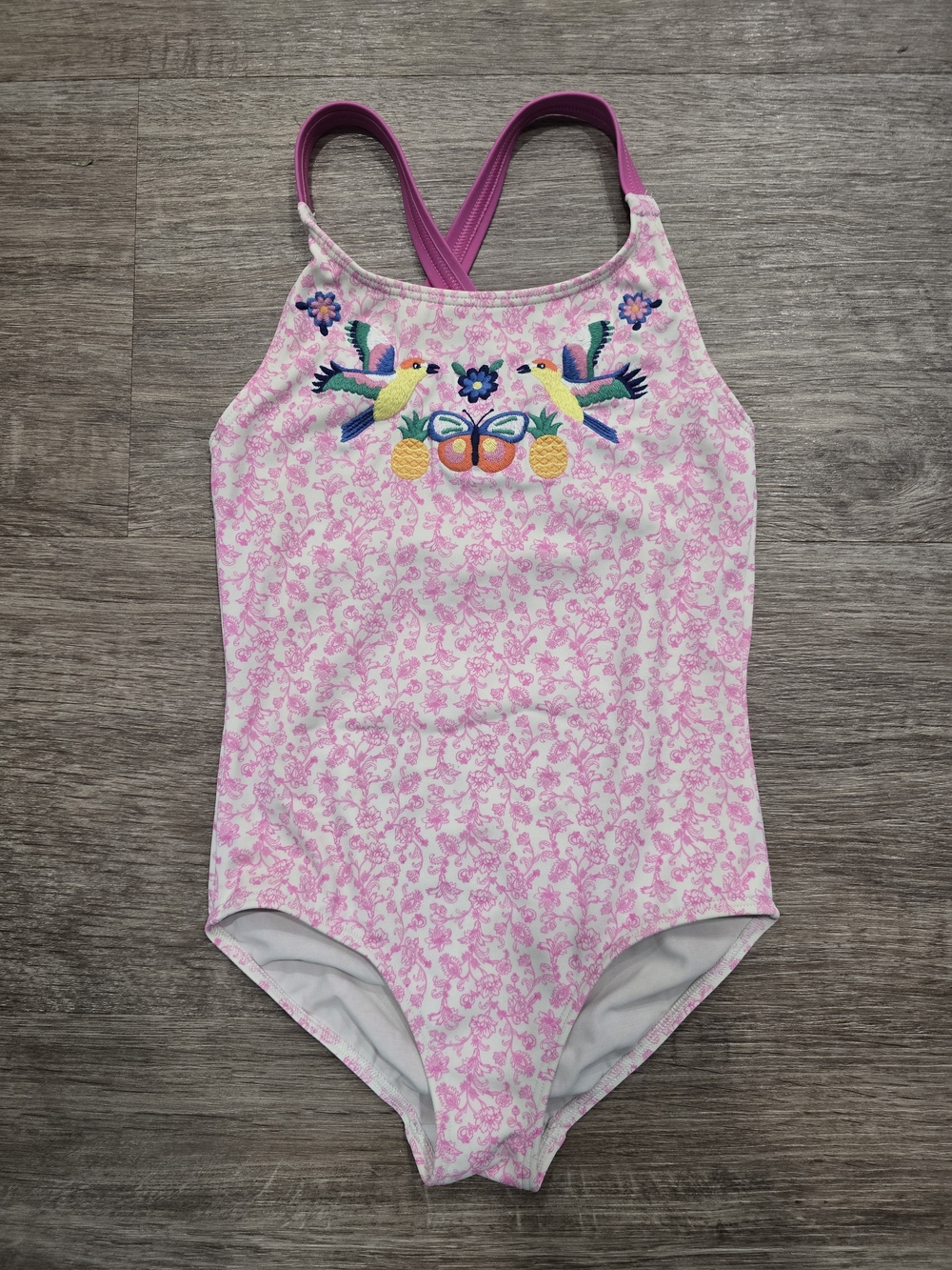 Boden Pink One-Piece Swimsuit with Tropical Embroidery Size 6-7